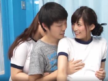 キュート女優2人にブルマで一生の思い出になる3P筆おろししてもらう