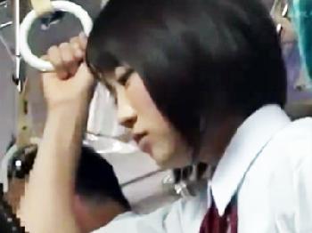 大人しそうな巨乳の黒髪女子校生に目をつけた痴漢魔が人目も気にせず車内婦女暴行!!