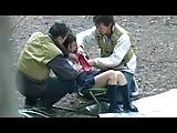 キャンプ場で女子校生制服コスして遊んでたら釣り人たちに強引に襲われ3Pセックス始まる