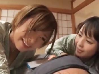 和室で浴衣姿の美少女コンビと贅沢3Pプレイ→容赦ない快楽責めで即射精